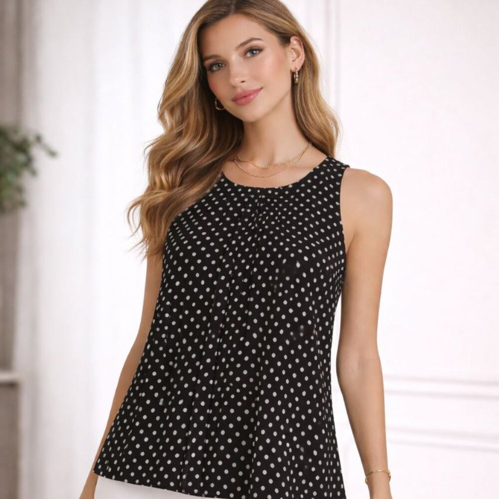 Michael Kors Polka Dot Sleeveless Blouse Black & White Pleated Front Top Size M